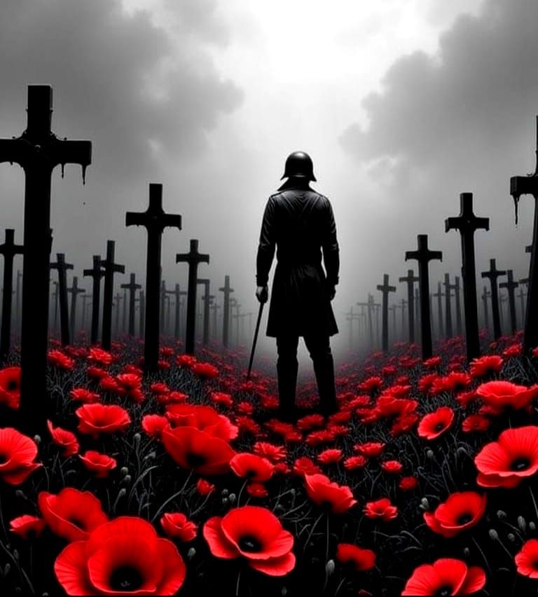 Soldier Pays Tribute Amidst Poppy-Strewn Crosses