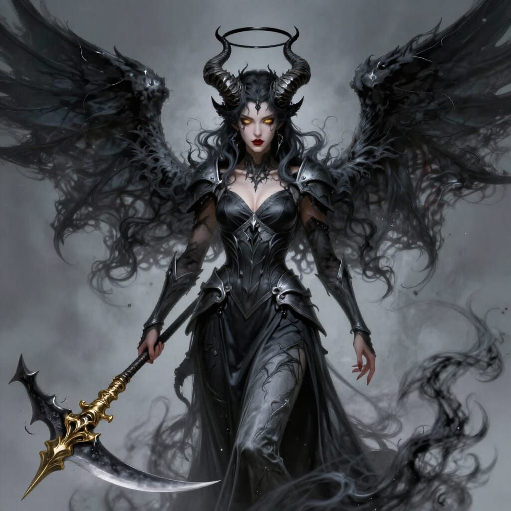 Primordial Shadow Goddess Wielding Golden Scythe