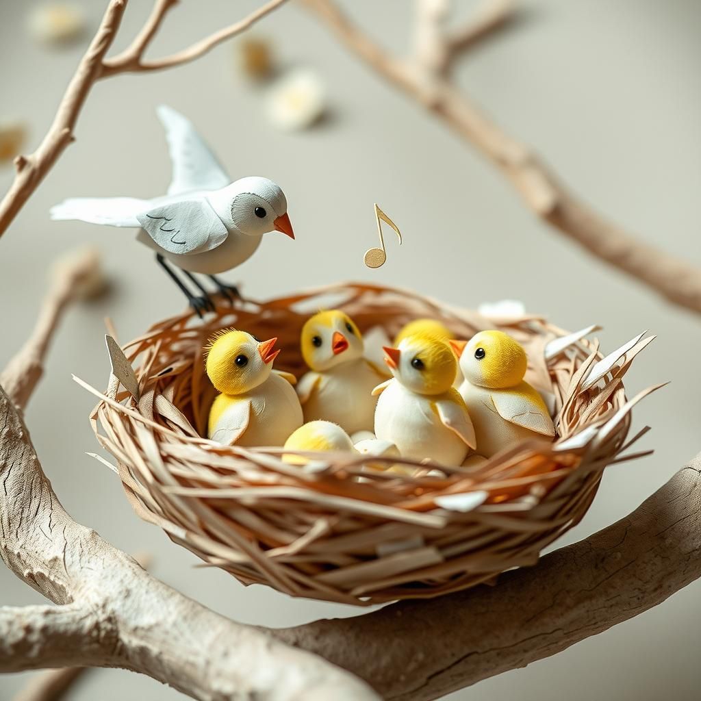 Intricate Paper Bird's Nest with Chicks