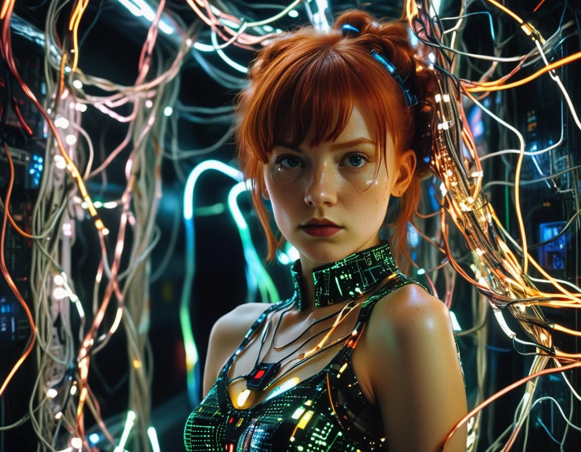 Cyberpunk Woman in Mirrored Dress Amidst Neon Wires