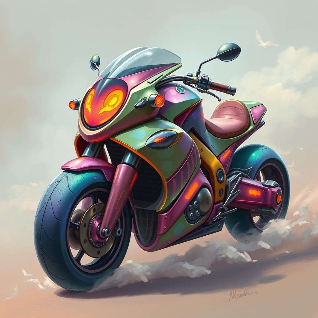 Vibrant Dreamlike Motorcycle in Whimsical, Cyberpunk Style