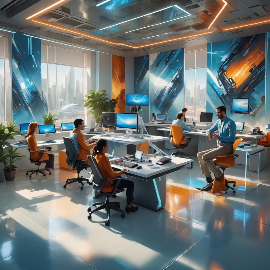 Vibrant Futuristic Office Scene with Laughing People
