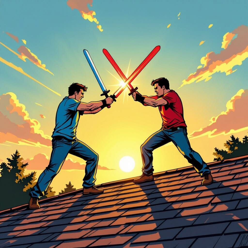 Foam Sword Fight on House Roof in Comic Book Style