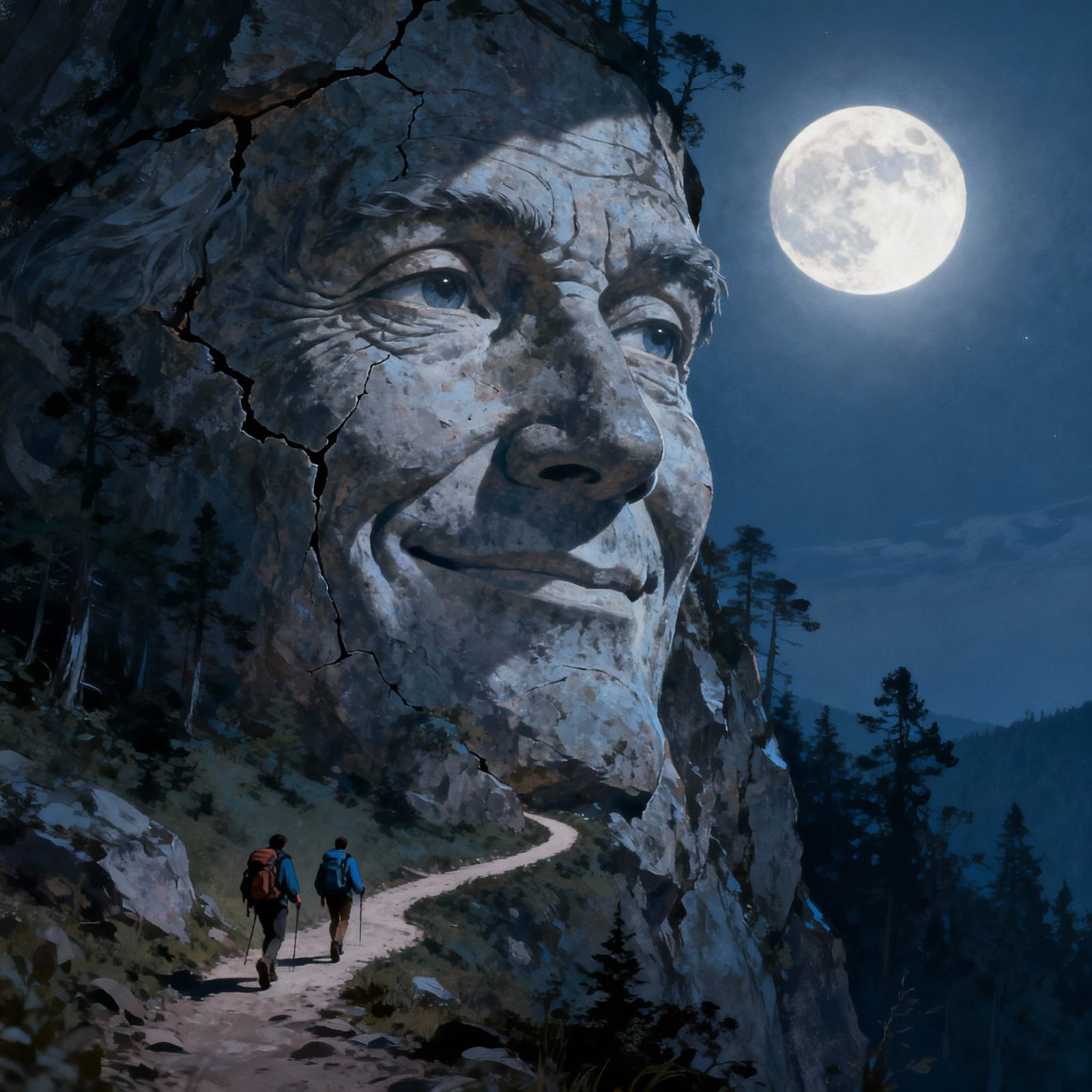 Wise Rock Face Observes Hikers Under Full Moon