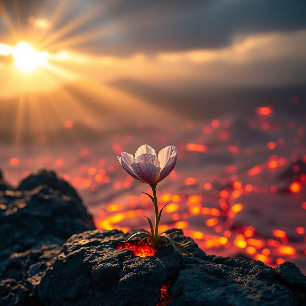 Flower in Volcanic Landscape: Hyperrealistic Rendering