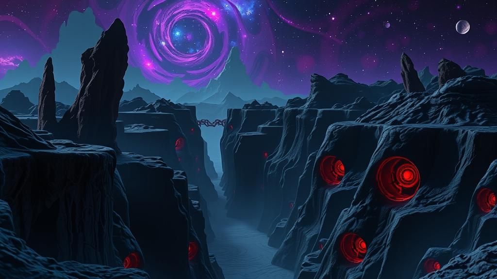 Surreal Alien Canyon at Night in Cosmic Horror Style