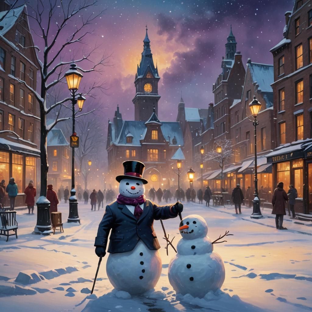 Snowman Gentleman in Snowy City Square
