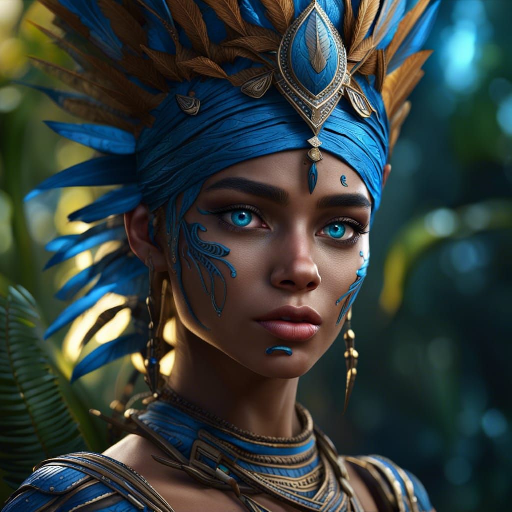 Amazonian Princess with Blue Eyes, Detailed Fantasy Art