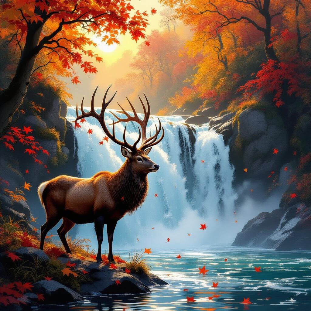 Majestic Stag by Roaring Waterfall in Golden Light