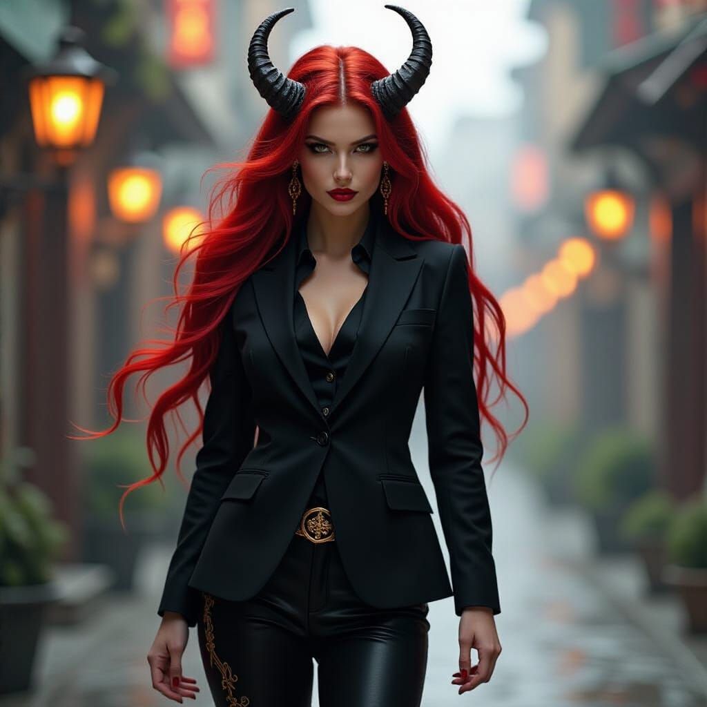 Dramatic Portrait of a Tiefling Woman in Dark Fantasy Style