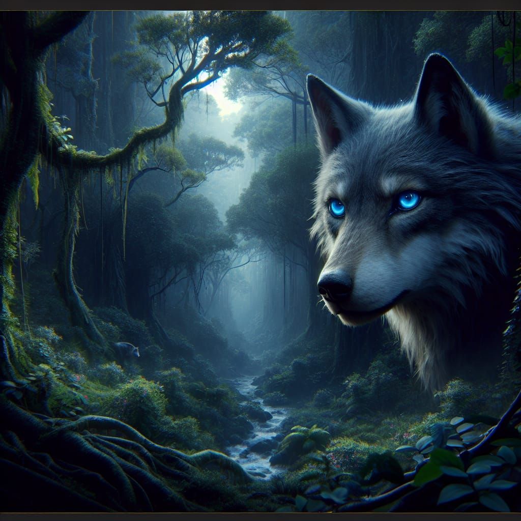 Gray Wolf with Blue Eyes in Dark Forest