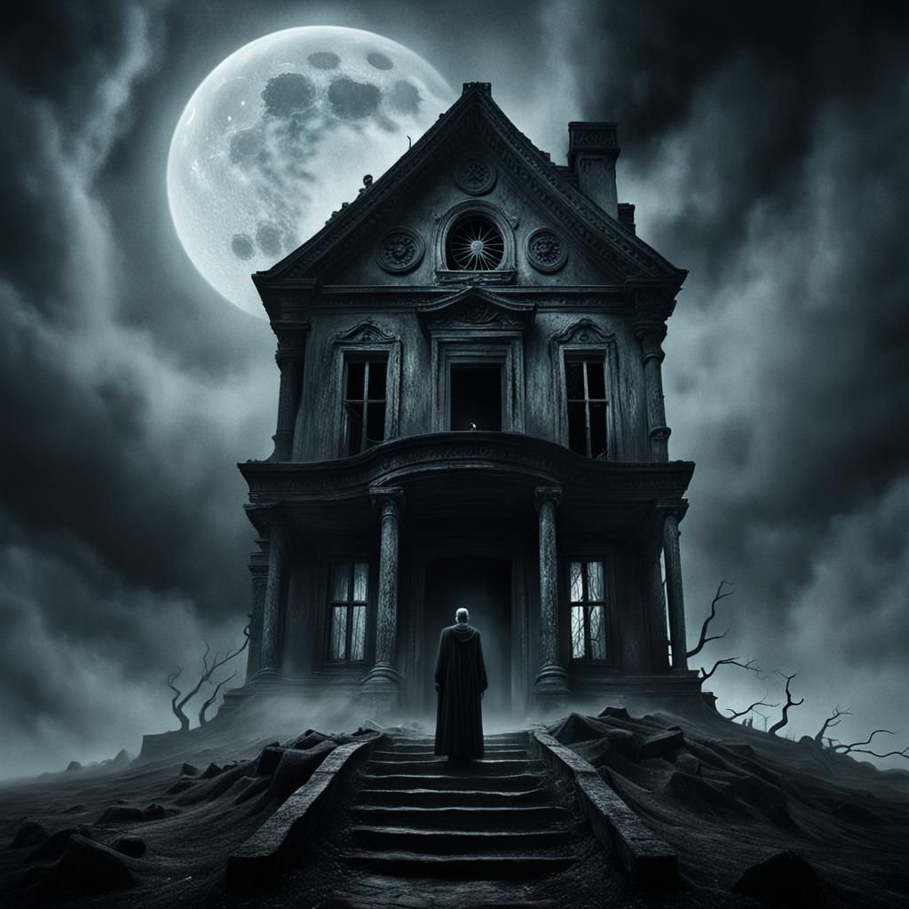 Eerie Figure at Forsaken House in Surreal Style