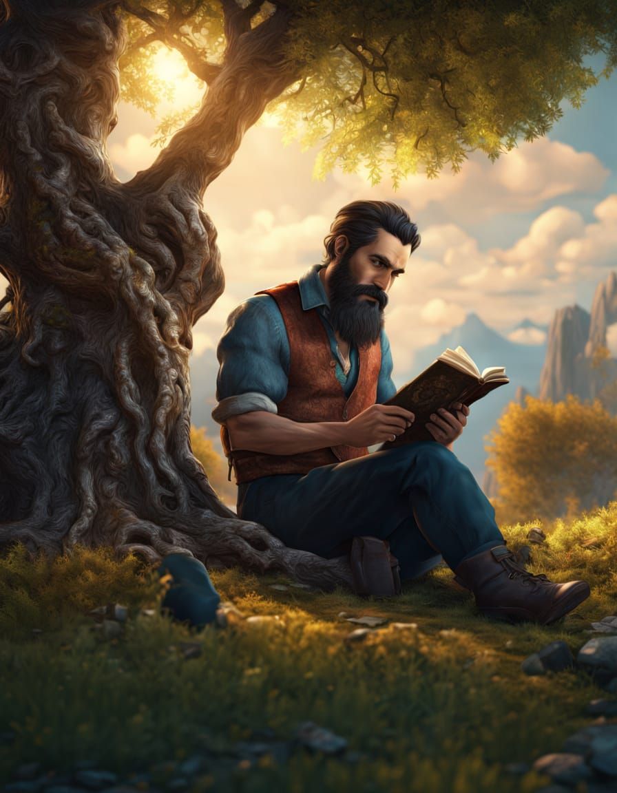 Man Reads Diary Under Tree: Detailed Matte Painting