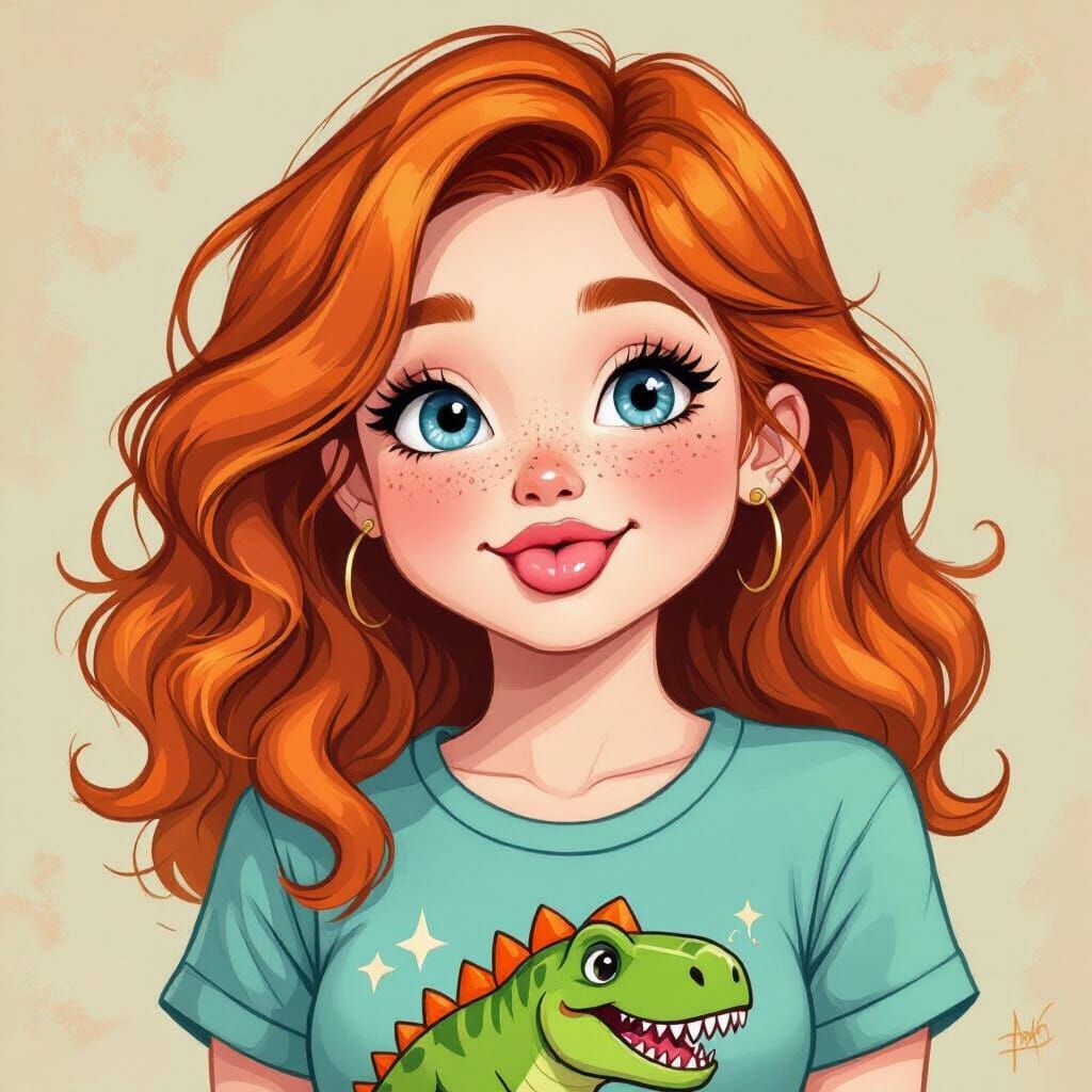 Cartoon Girl Portrait with Freckles in Pastel Colors