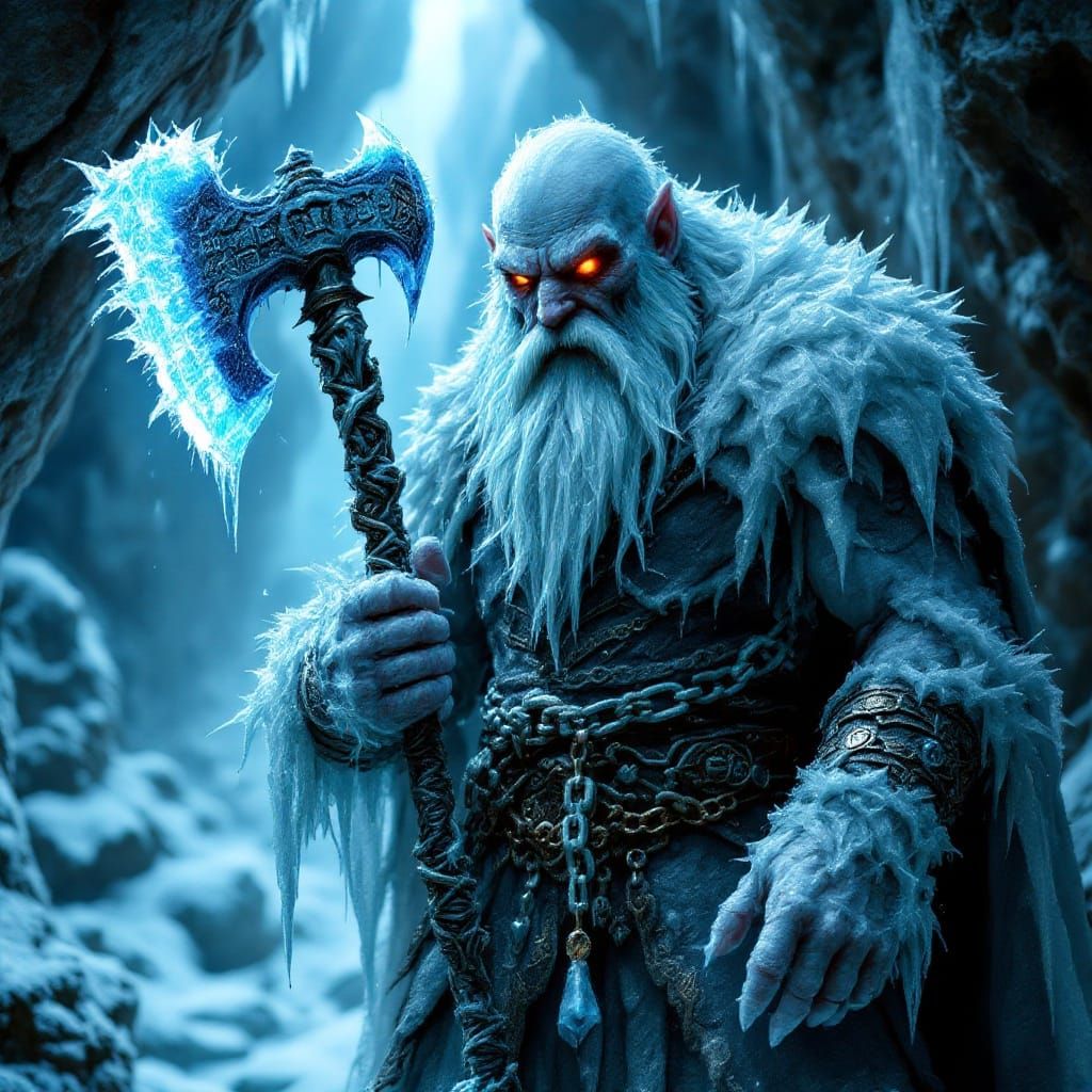 Frostbound Ice Dwarf Emperor in Ancient Cave