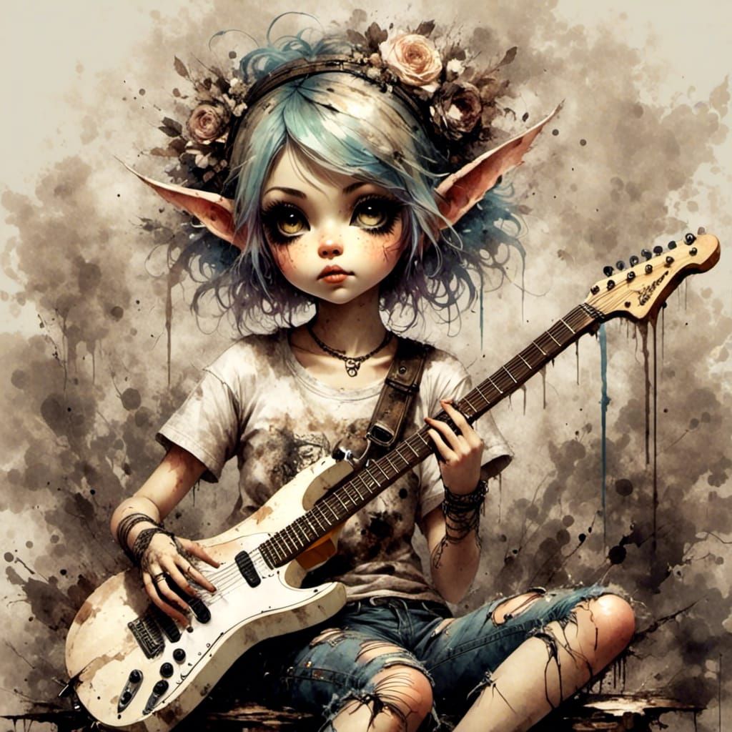Grunge Pixie Rocking Out on Electric Guitar