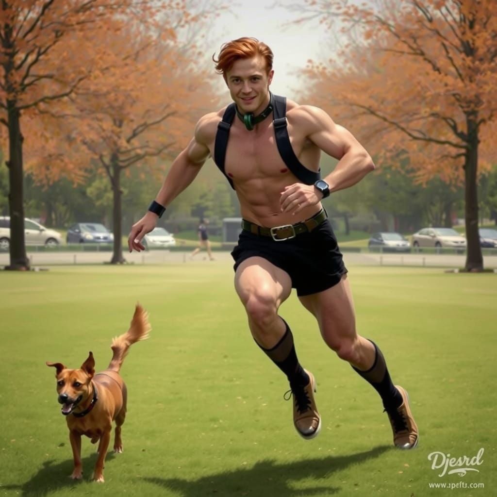 A gorgeous hot redhead man half-dressed in a dog collar, chasing a ball in a park.
