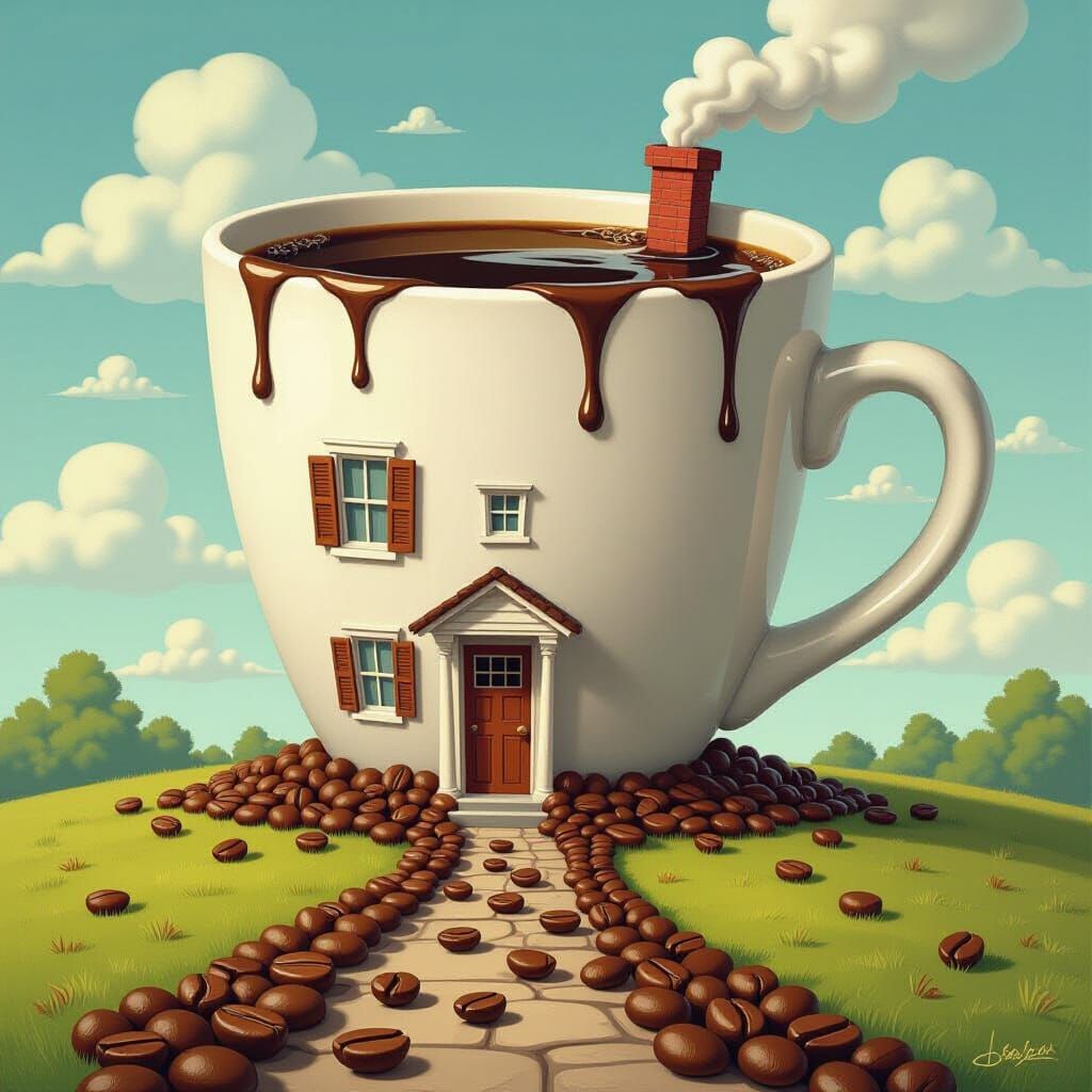 Whimsical Coffee Cup House with Spilled Coffee Trail