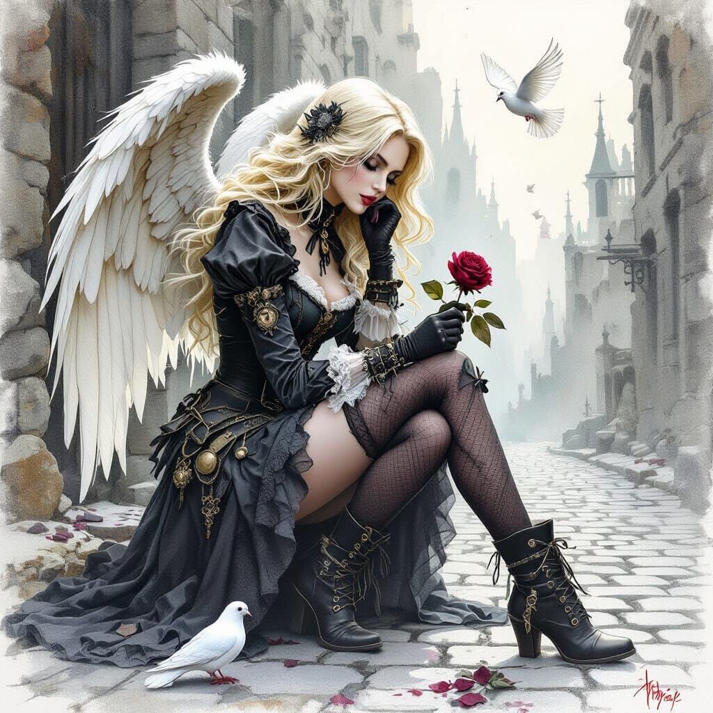 Gothic Steampunk Angel in Ruined City, Conte Crayon Art