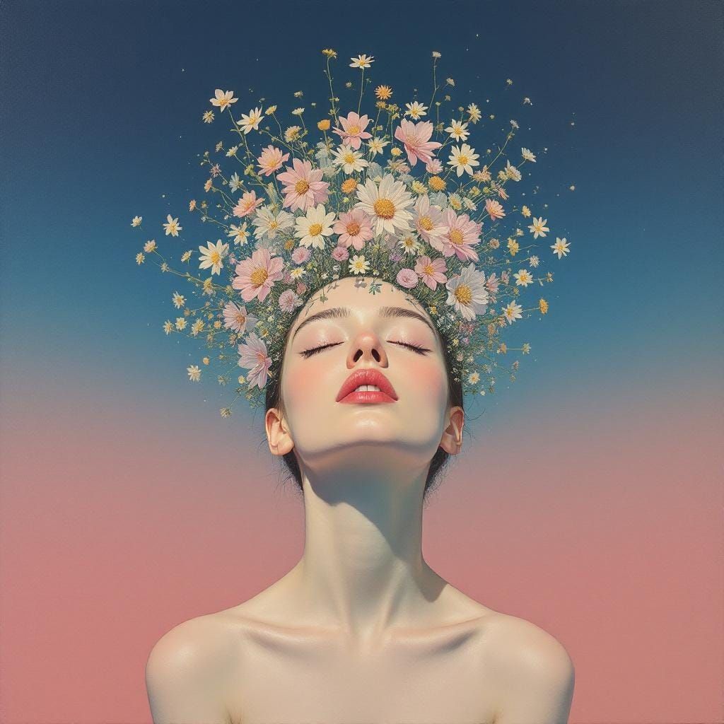 Surreal Woman with Flowers and Butterflies
