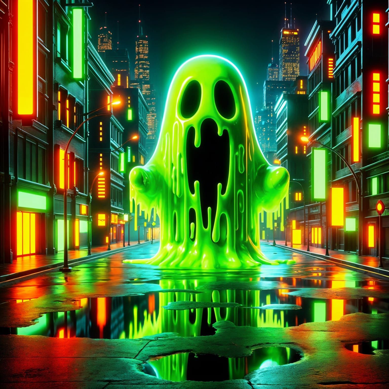 Neon Green Slime Ghost in Cyberpunk City