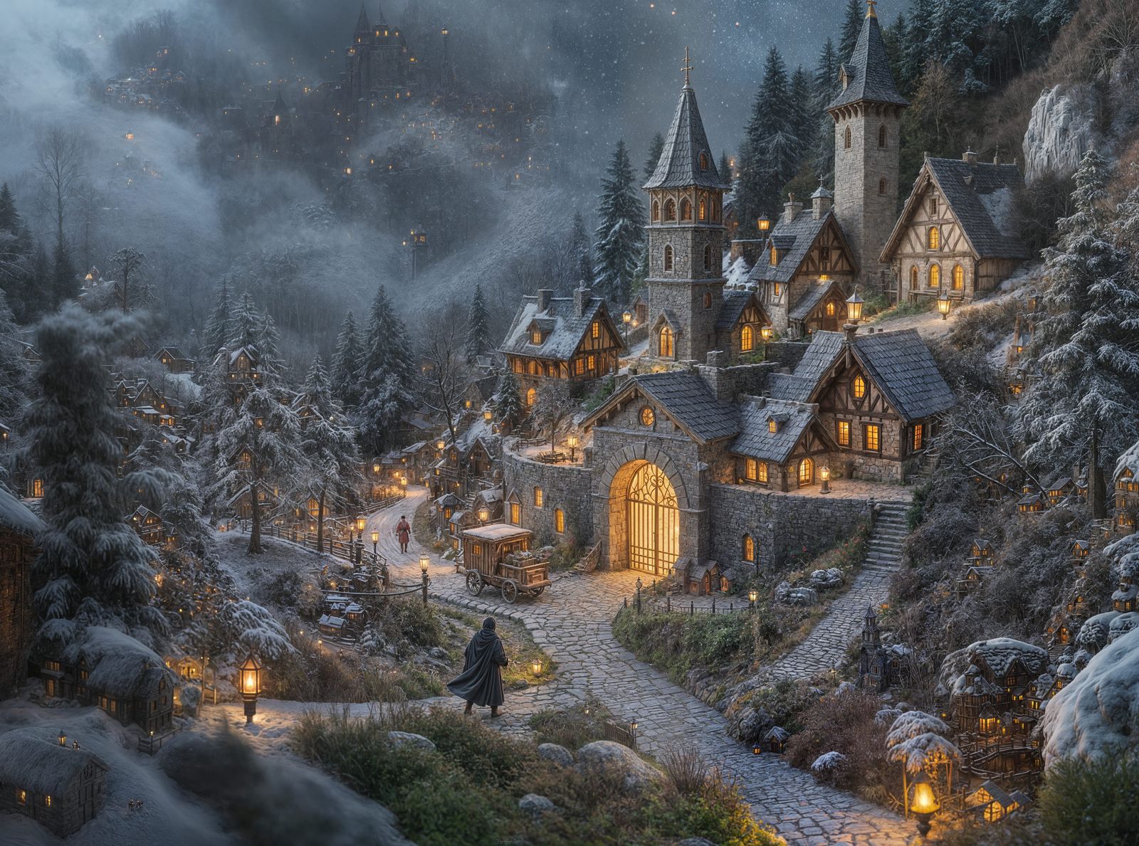 Miniature Medieval Village Diorama with Dreamy Lighting