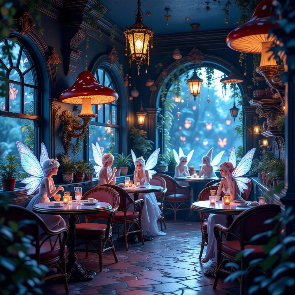 Whimsical Cafe Interior with Fairies and Elves