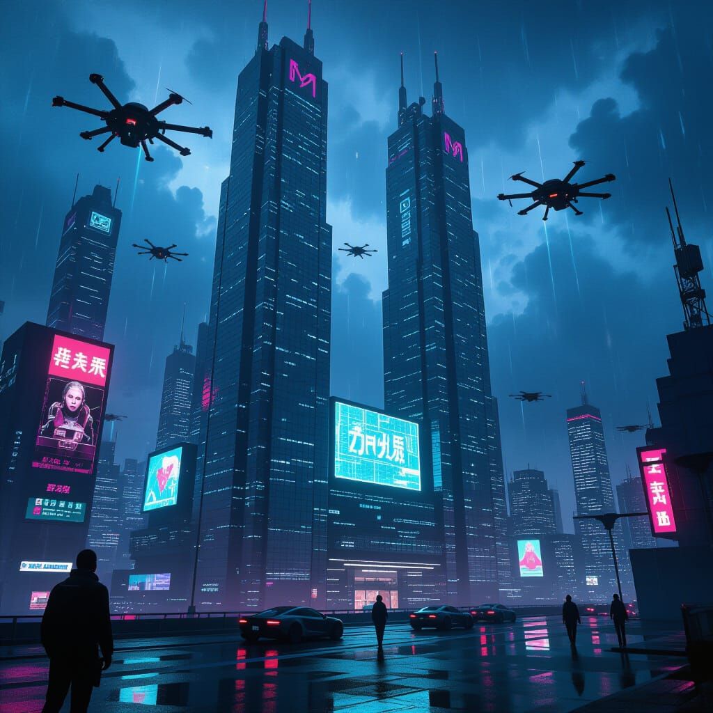 Cyberpunk Megacorporation Headquarters in Neon Style