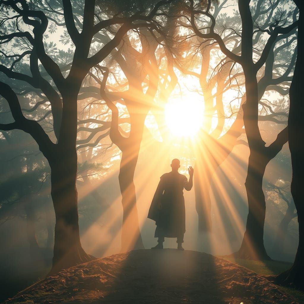 Ethereal Magician in Ancient Forest: Digital Matte Painting