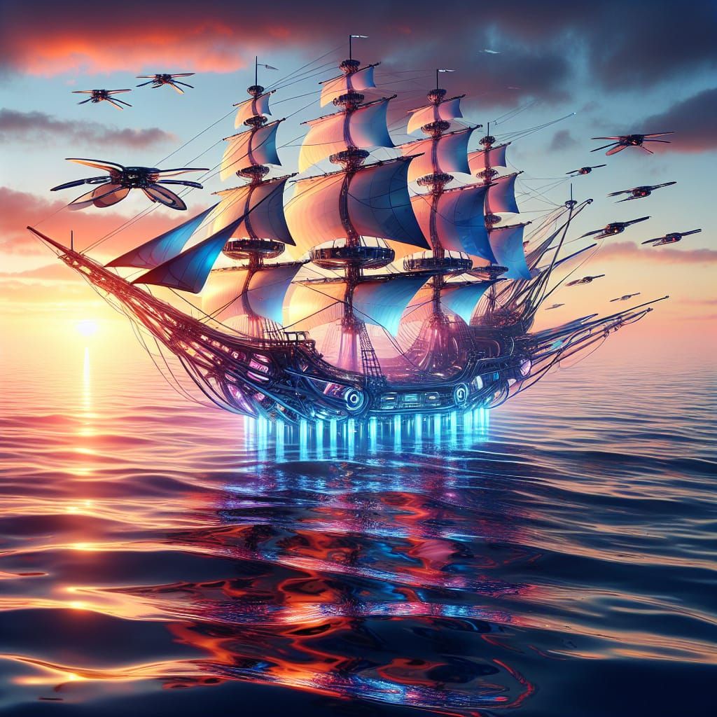Futuristic Caravel Sailing at Sunset: A Technological Evolut...