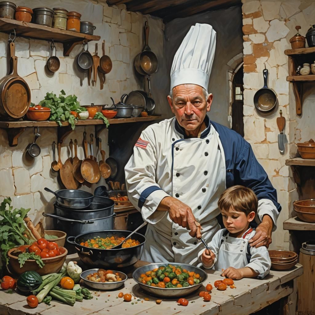 Chef and Boy Cooking, Oil Painting