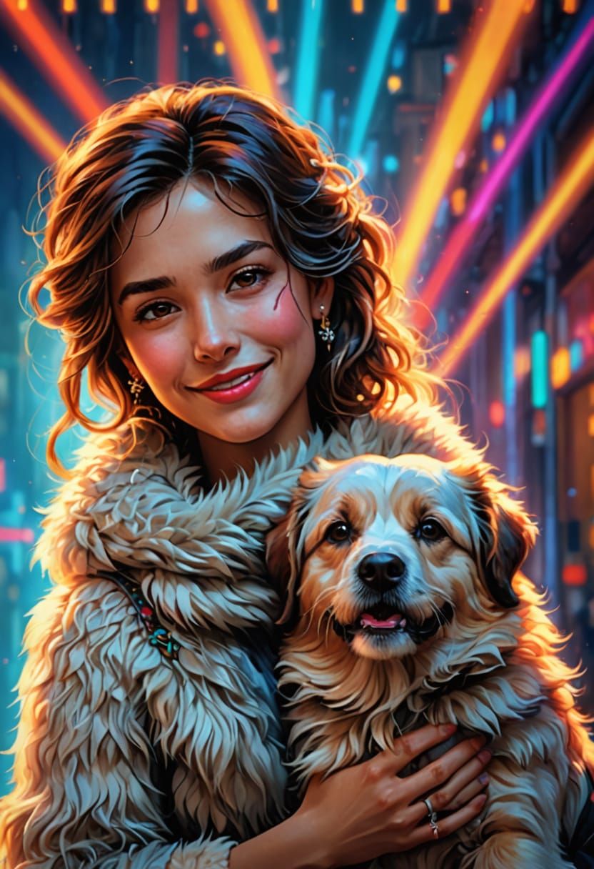 Cheerful Woman and Dog Portrait in Digital Triadic Colors