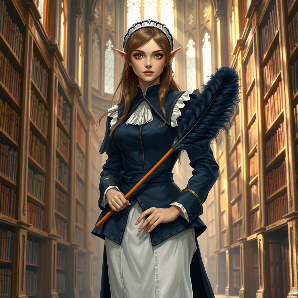 Elegant Elf Maid in Sunlit Library