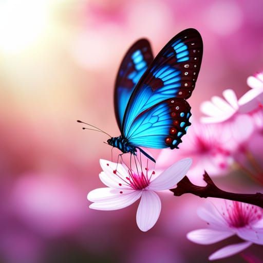 Iridescent Blue Butterfly on Cherry Blossom
