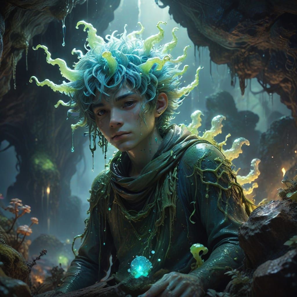 Ethereal Slime Boy Devours Radiant Fungus in Mystic Cave