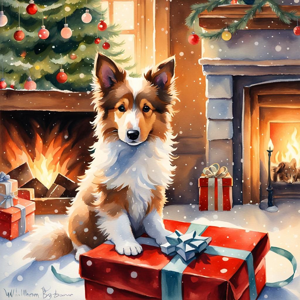 Whimsical Christmas Puppy Beside Gift Box in Cozy Fireplace...