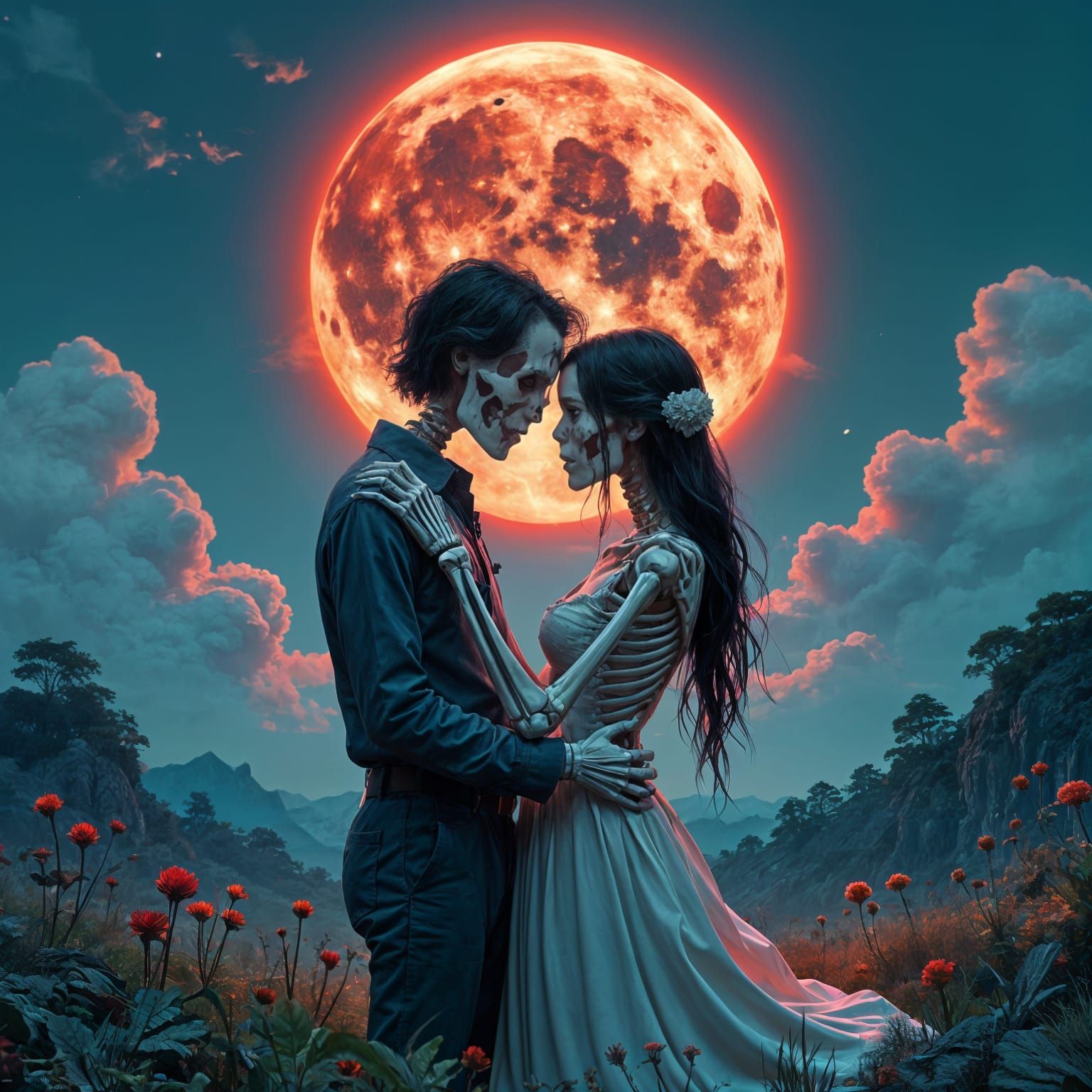 Skeleton Lovers Under Bleeding Moon