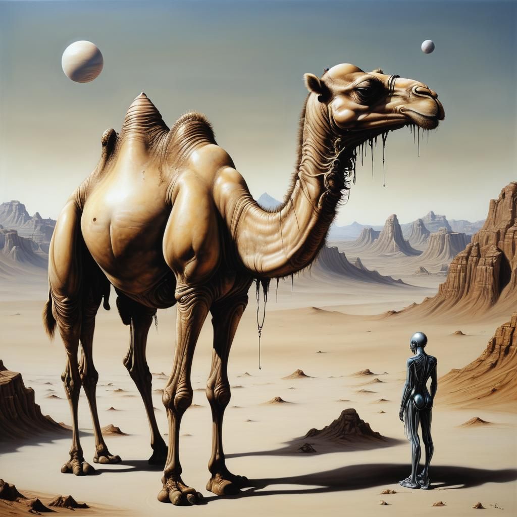 Surreal Camel on Alien Planet in Retro Style