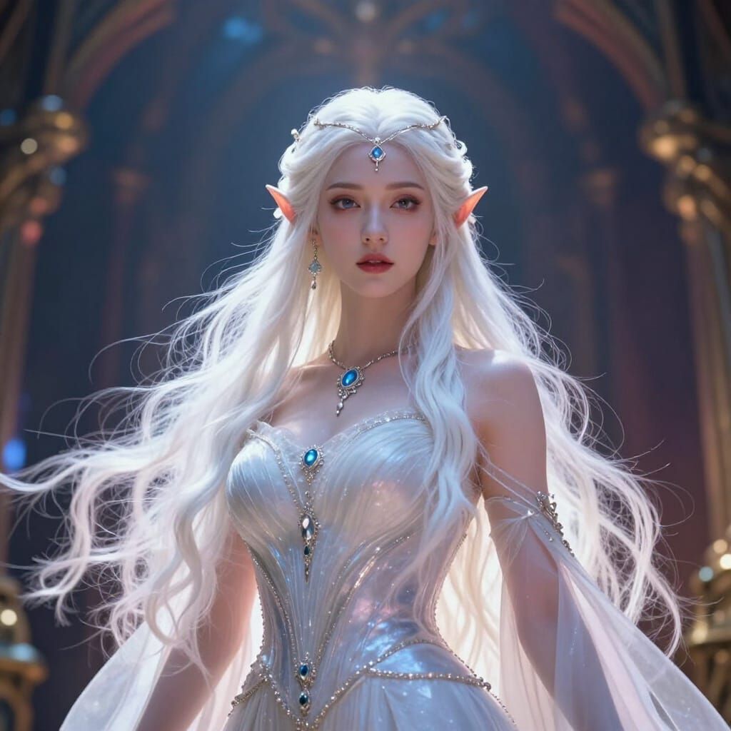 Regal Blood Elf Princess with Silver Hair Jewels in Ethereal...
