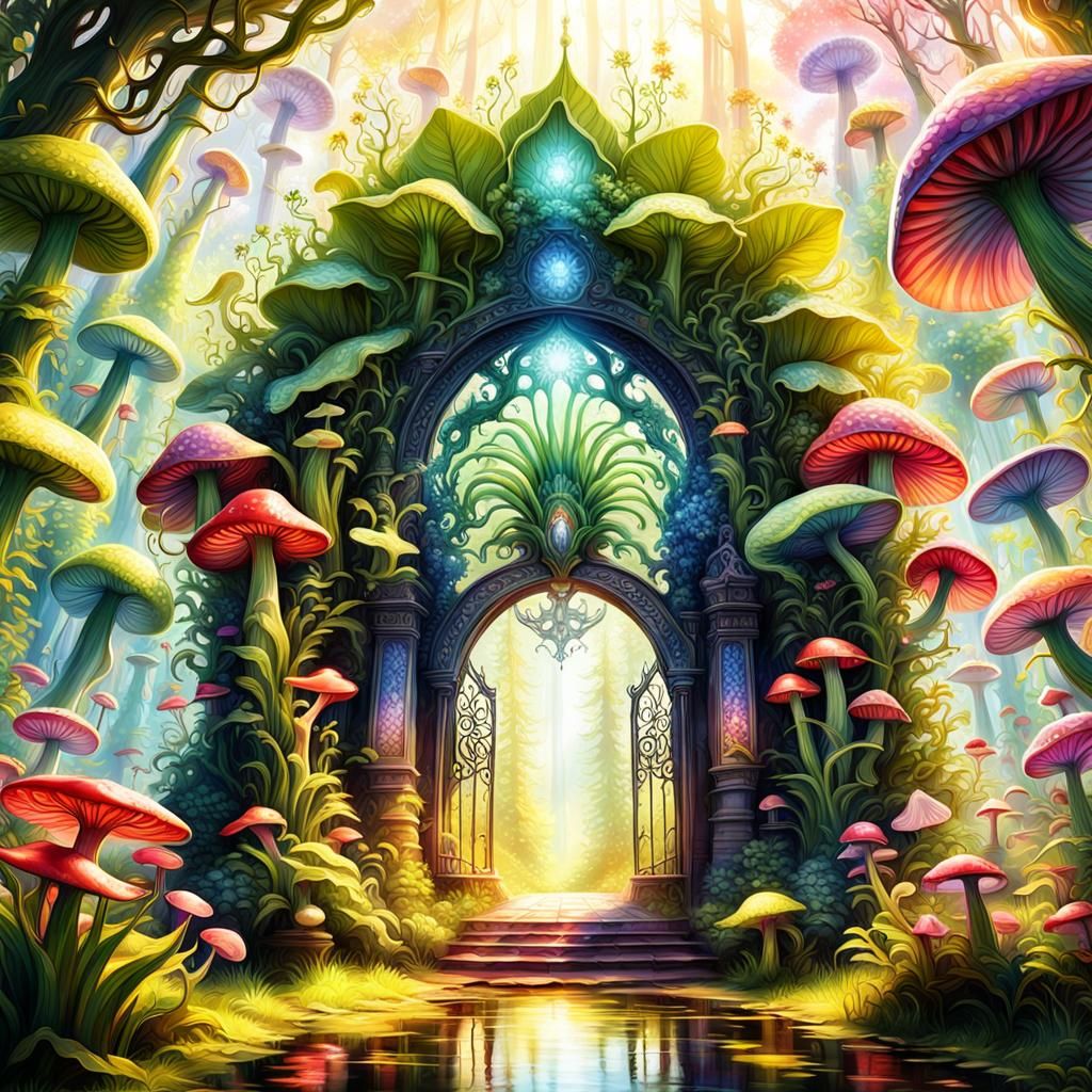 Fantasy Portal with Carnivorous Plants in Enchanted Forest