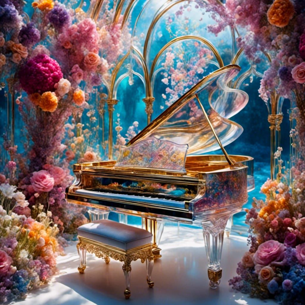 Transparent Glass Piano Dreamscape with Quantum Flowers