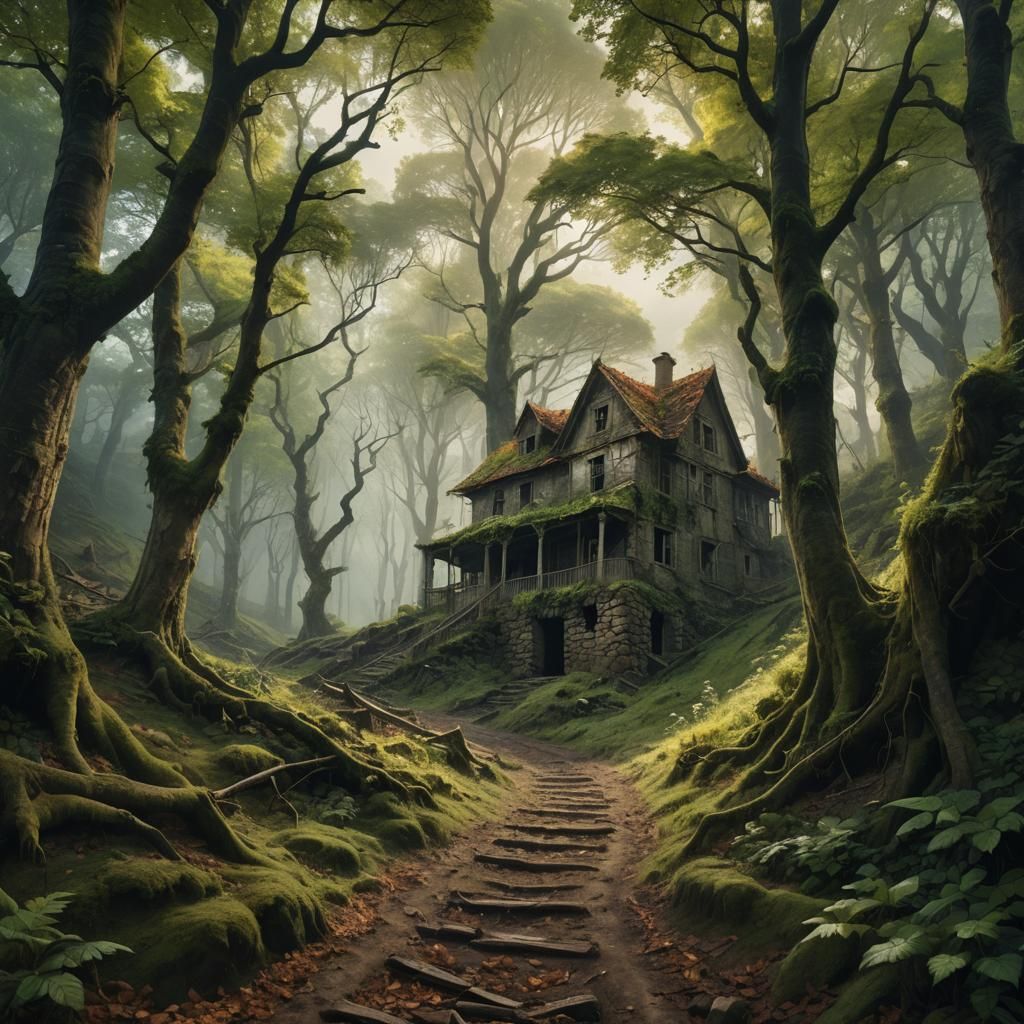 Mysterious Forest Path with Ruined House