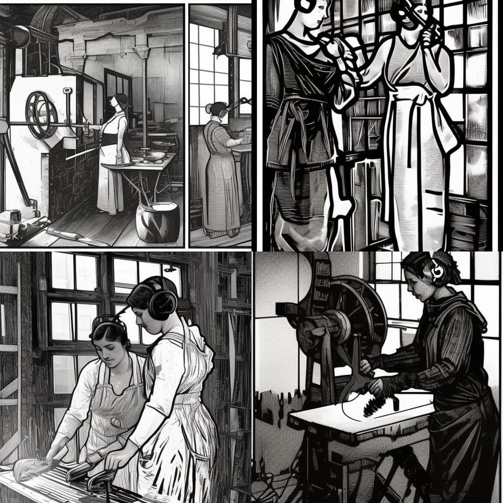 Workers Forging Scissors: Linocut Style Portrait