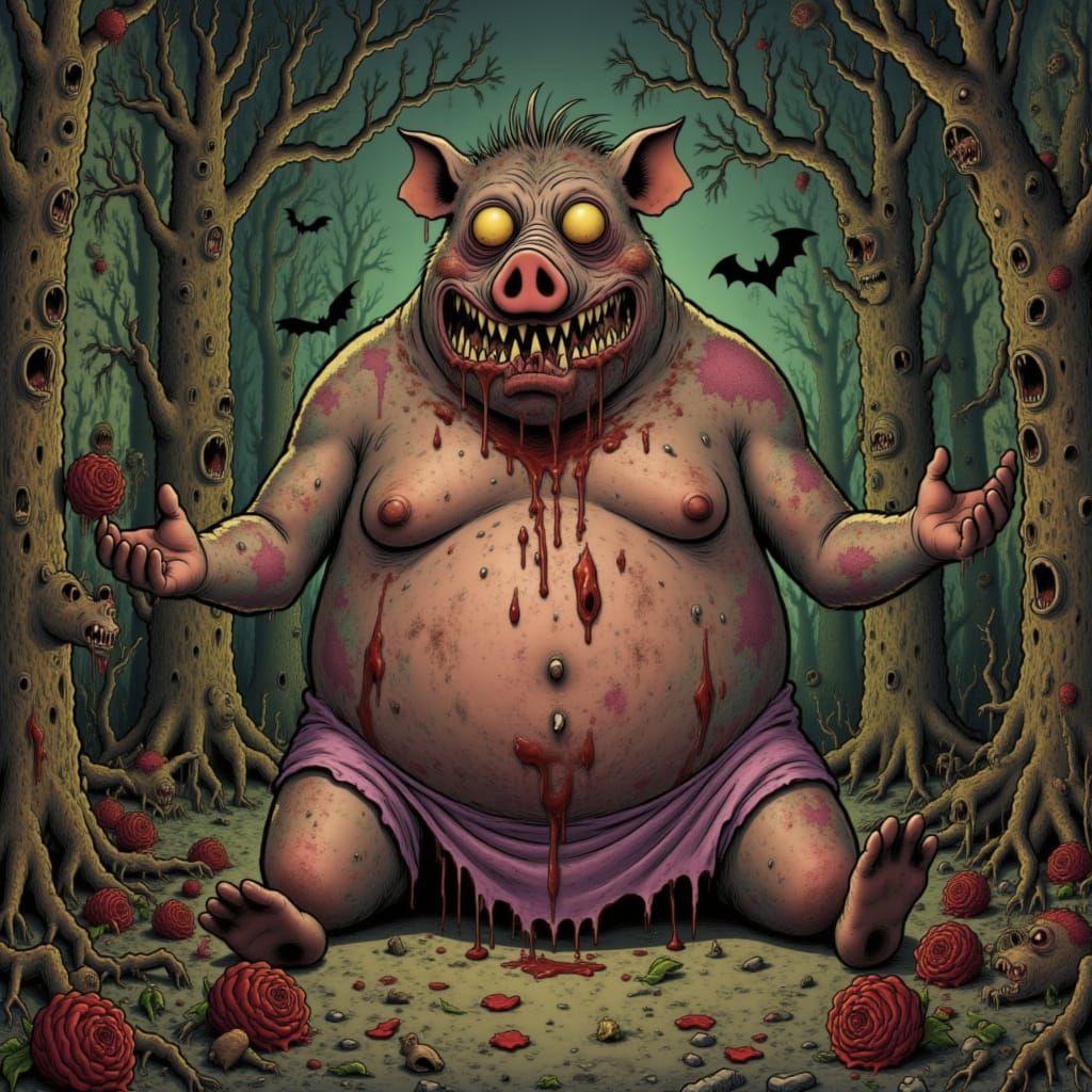 Man with Pig Head Vows Love Amidst Bloody Roses and Bats