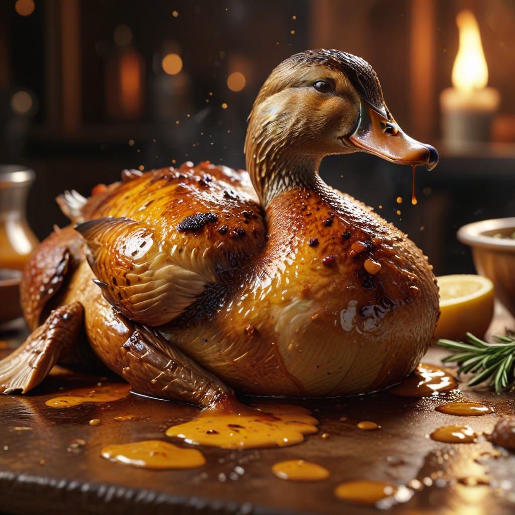 Hyper-Realistic Roasted Duck in Vibrant Oil Painting Style