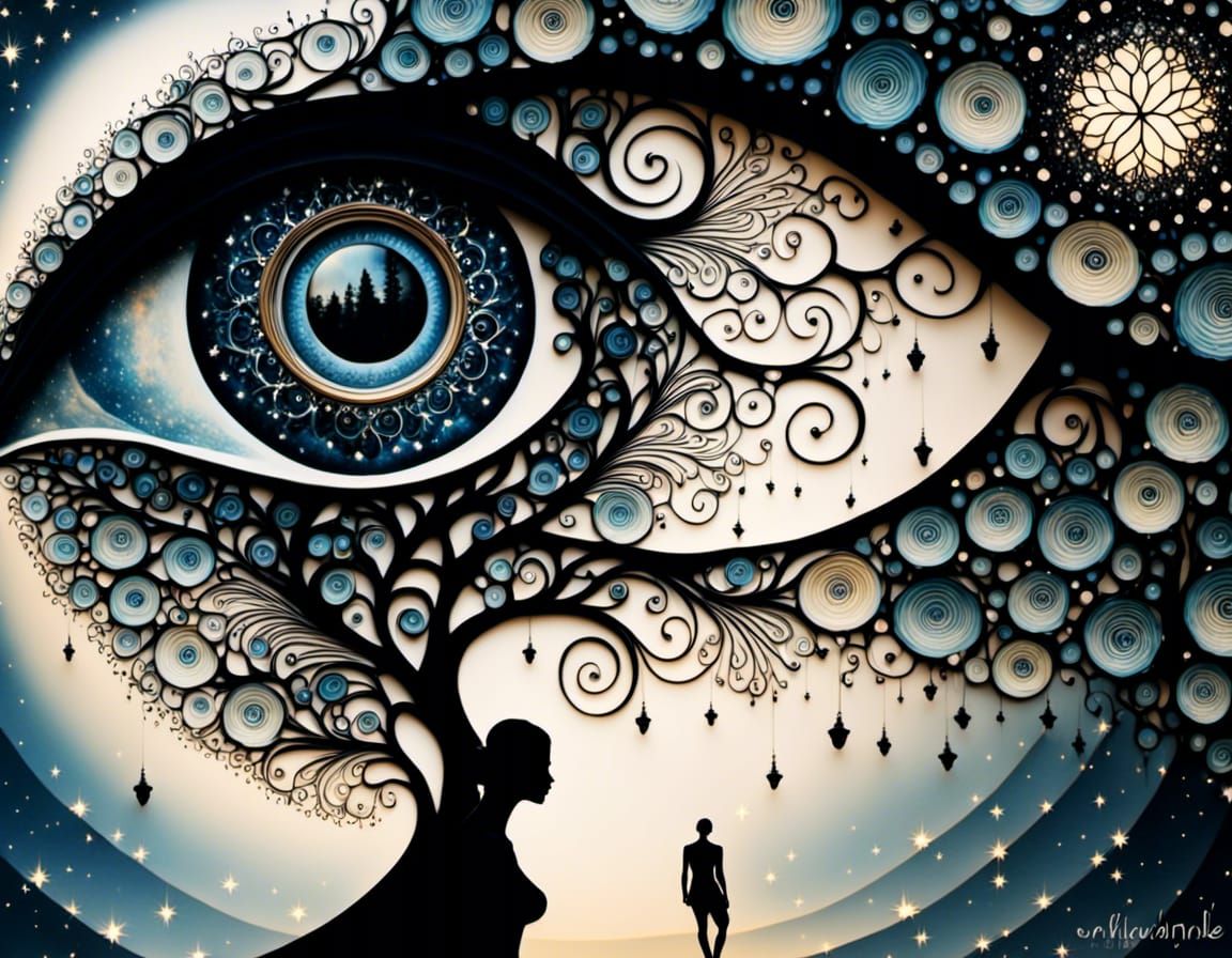 Surreal Eye Close-Up with Silhouette, Dreamlike Art