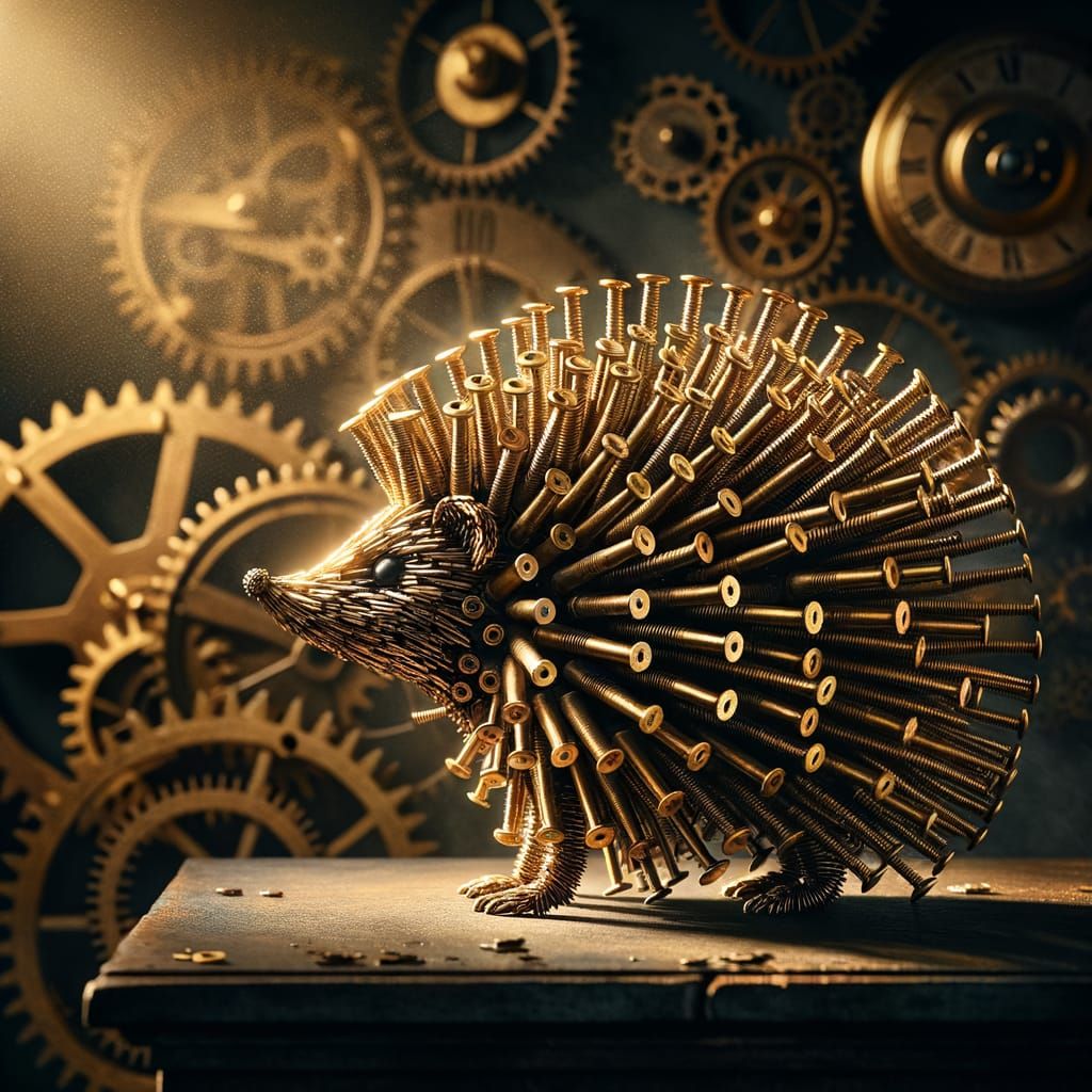 Steampunk Hedgehog Sculpture Made of Golden Screws