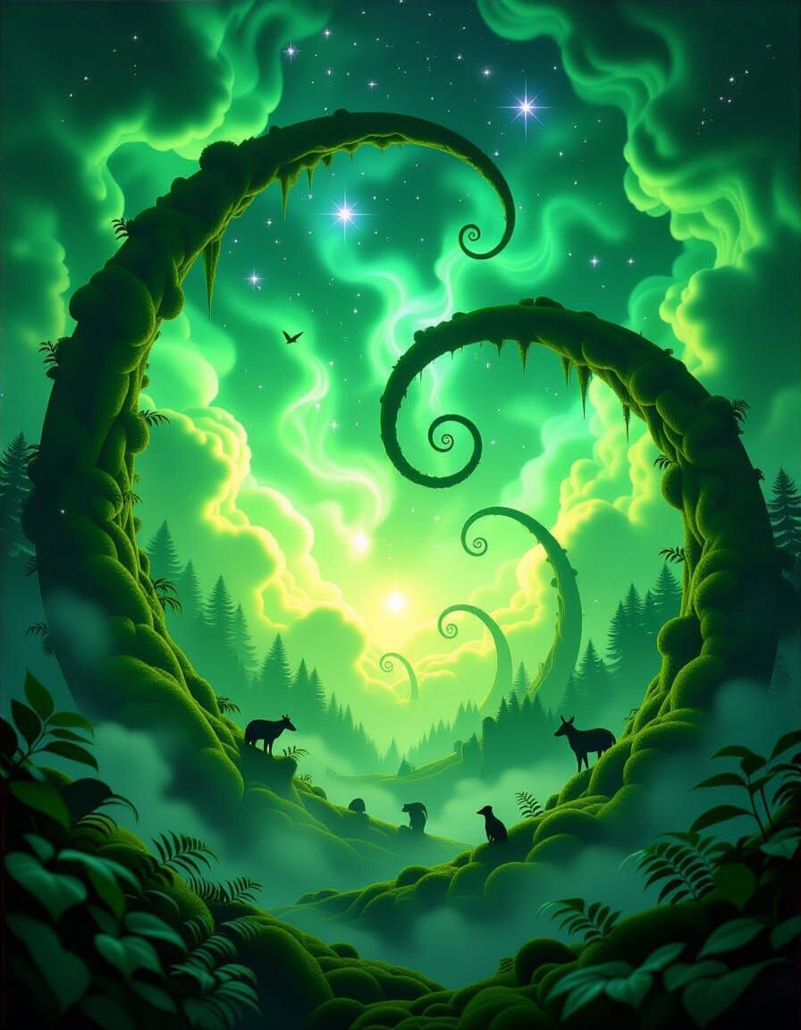 Cosmic Green Vines in Celestial Forest