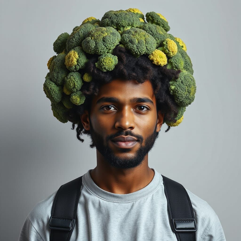 Broccoli Afro Man in Hyperrealistic Photo