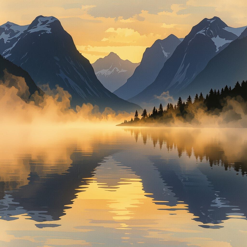 Golden Sunrise Over Norwegian Fjord with Pastel Sky